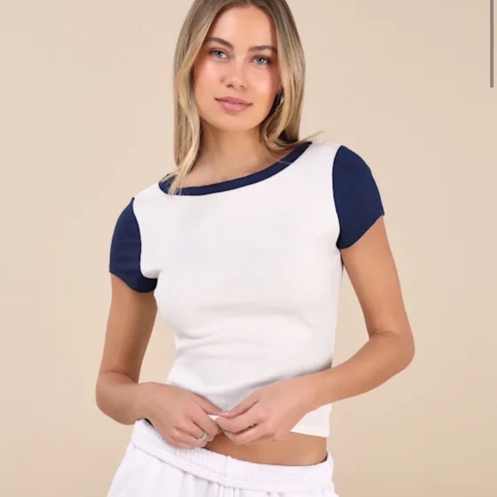 Lulus White and Navy Baby Tee